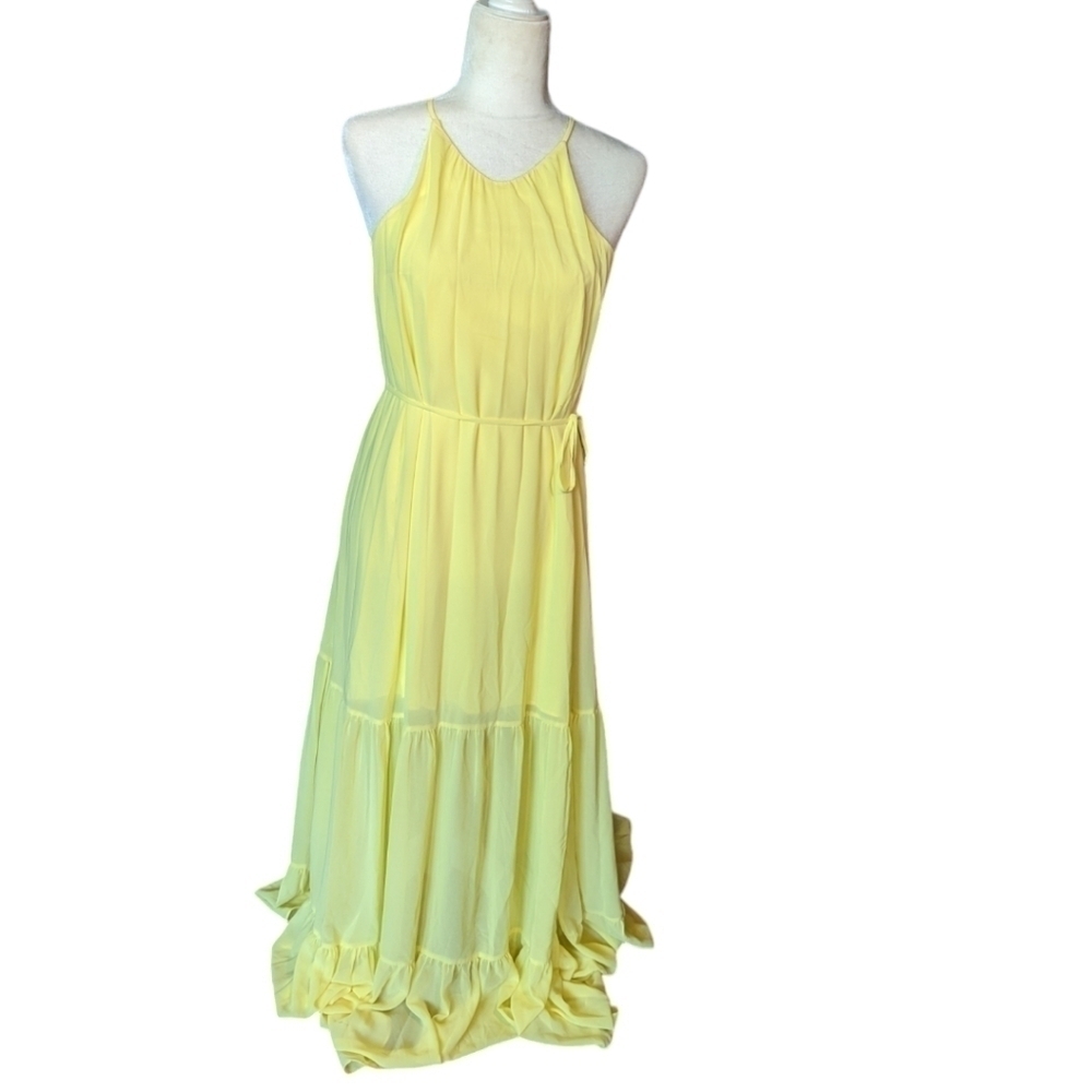 Buttery yellow chiffon flowy t back fairycore belted maxi sun dress sz 2 - Picture 6 of 13